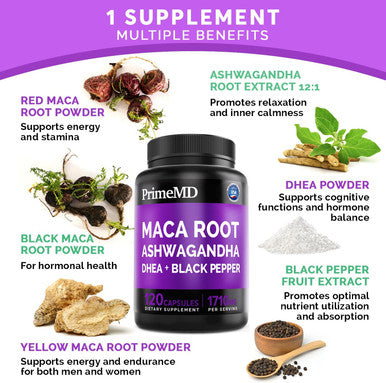 6-In-1 Organic Maca Root & Ashwagandha Capsules 1710Mg W/Dhea & Black Pepper Fruit Extract - Maca Root Capsules For Women & Men - Stamina, Bone And Mood Support Supplement,120 Capsules (40 Servings)