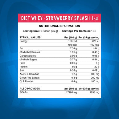 Applied Nutrition Diet Whey Protein Powder High Protein Low Carb Low Sugar Weight Loss with CLA L Carnitine Green Tea High PhD Supplement 1kg 40 Servings (Strawberry Milkshake)