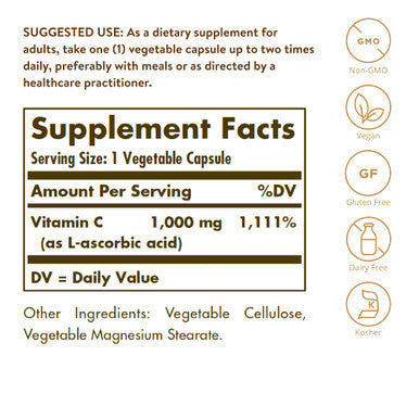 Solgar Vitamin C 1000 Mg 100 Vegetable Capsules - Antioxidant & Immune Support - Overall Health - Healthy Skin & Joints - Bioflavonoids Supplement - Non-Gmo Vegan Gluten Free Kosher - 100 Servings