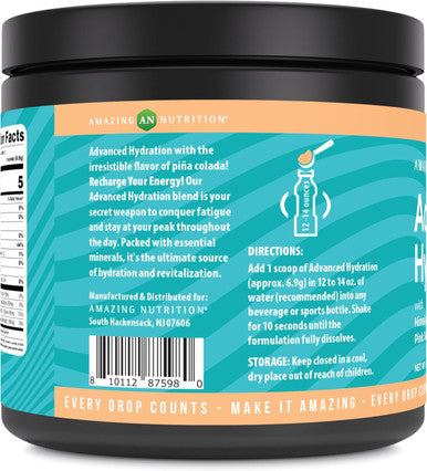 Amazing Nutrition Advanced Hydration Electrolyte Powder 30 Servings | Packed with Essential Minerals | Sugar- | Keto Friendly | Non-GMO | Gluten- (Natural Pina Colada)