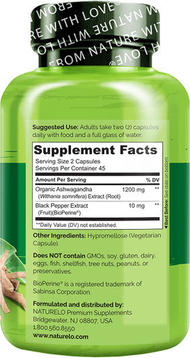 NATURELO Ashwagandha Organic Root Powder - Natural Herbs Supplement for Fatigue, Stress Relief, Mood Enhancer - with Black Pepper Extract - 90 Vegan Capsules