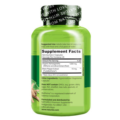 NATURELO Ashwagan Organic Root Powder - Herbs Supplement for Fatigue, Relief, Mood Enhancer - with Black Extract - 90 Vegan Capsules