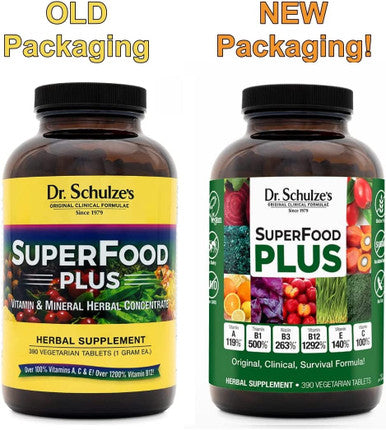 Dr. Schulzes SuperFood Plus Vitamin Mineral Herbal Concentrate Daily Nutrition Increased Energy GlutenFree NonGMO Vegan 390 Tabs Packaging May Vary