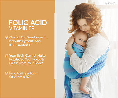 Nui Nutra Folic Acid Supplement | 1000mcg | 1mg | 200 Capsules | Nervous & Cardiovascular System Support | Essential Vitamin for Women | Development and Brain Support | Vitamin B9 | Acido Folico