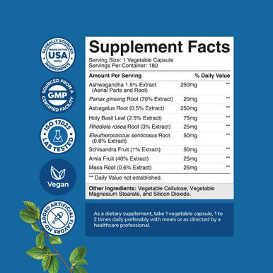 Natures Craft Herbal Adaptogen Mood Support Supplement - Calming Adaptogens Supplement for Stress & Cortisol Management with Ashwagandha Rhodiola Rosea & Maca Root - Vegan Non GMO & Daytime Friendly -180ct