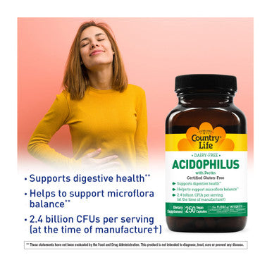 Country Life Dairy-Free Acidophilus With Pectin 2.4 Billion Cfus 250 Vegan Capsules Certified Gluten Free Certified Vegan