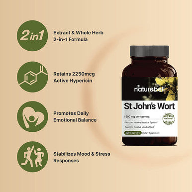 St Johns Wort Supplement 1500mg Per Serving with 2250mcg Hypericin 2 in 1 Formula St Johns Wort Complex 200 Capsules Promote Emotional Balance Joyful Mood Stress Response