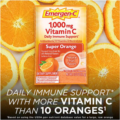 Emergen-C Vitamin C 1000mg Powder (50 Count, Super Orange Flavor), with Folic Acid, Antioxidants, B Vitamins and Electrolytes, Dietary Supplement Fizzy Drink Mix, Caffeine