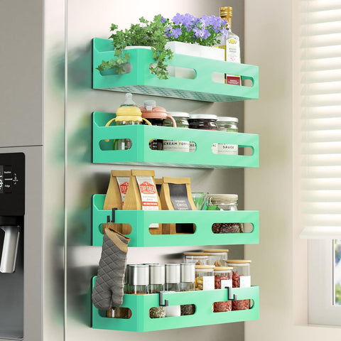 4-Pack Magnetic Spice Rack for Refrigerator with Hooks, Pink | Strong multipurpose magnetic shelf for kitchen & bathroom organization. Includes 4 removable hooks for hanging items.
