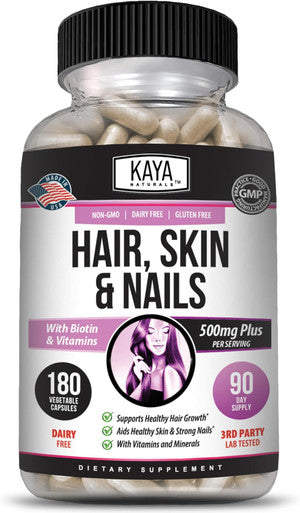 Kaya Naturals Hair Skin Nail Capsules BIOTIN Vitamin D Vitamin B-12 A Folic Acid Support Hair Support Vitamin Supplement