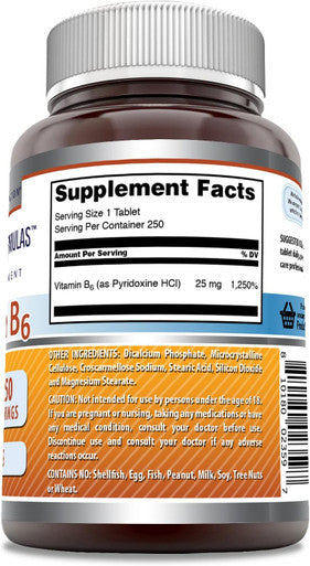 Amazing Nutrition Formulas Vitamin B6 Pyridoxine 25mg 250 Tablets Supplement | Non GMO | Gluten | Made in USA