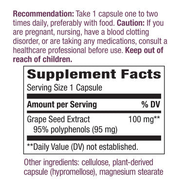 Nature's Way Premium Extract Standardized Grape Seed 95% Polyphenols, 100 mg per serving, 60 Capsules