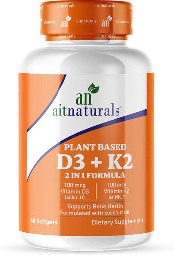 Aitnaturals Plant-Based Vitamin D3 (4000 IU) + K2 (MK7) with Organic Coconut Oil - 60 Softgels | Supports Bone Health Boosts Immune Function Enhances Muscle Strength & Optimizes Calcium Absorption