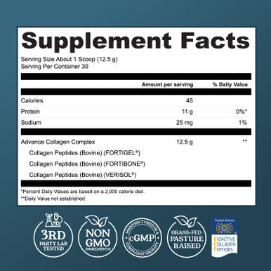 Left Coast Performance Advanced Collagen Complex Powder VERISOL FORTIBONE & FORTIGEL for Hair Skin Bone & Joint Support Clinically Studied Ingredients Grass-Fed Hydrolyzed Collagen Peptides 30 Servings