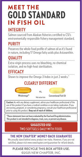New Chapter Wholemega Fish Oil Supplement Softgels Wild Alaskan Salmon Oil with Omega-3 + Astaxanthin + Sustainably Caught 180 Count