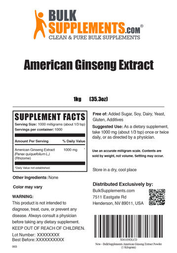 BulkSupplements American Ginseng Extract Powder - Ginseng Supplement for Energy Support, Herbal Supplement - - 1000mg (1 Kilogram - 2.2 lbs)