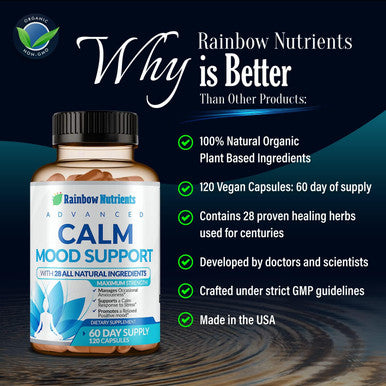 28 In 1 Calm Mood Support Supplement- Natural Happy Pills For Occasional Anxiousness & Stress, Worry Feelings, Relaxation, Mental Clarity Max Sleep & Mood Support For Women & Men120 Vegan Capsules