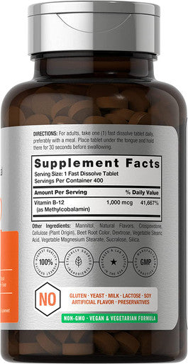 Horbaach Vitamin B12 Sublingual 1000 mcg 400 Fast Dissolve Tablets Methylcobalamin Supplement for Adults Natural Berry Flavor Vegan Vegetarian Non GMO and Gluten Free