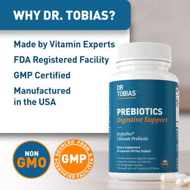Dr. Tobias Prebiotics Helps Support Digestion Gut Health Boost Immune System Feed Good Probiotic Bacteria Vegan NonGMO Dietary Fiber Supplement 1 Daily 30 Capsules