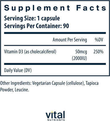 Vital Nutrients Vitamin D 2000 Iu Vitamin D3 Supplement Healthy Bones, Teeth, Muscles Cellular & Immune Function Calcium Absorption Gluten, Dairy And Soy 90 Capsules