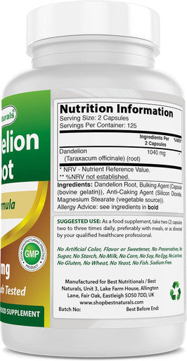 Best Naturals Dandelion Root 520 mg 250 Capsules