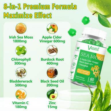 2 Pack Organic Irish Sea Moss Gummies With Black Seed Oil, Chlorophyll - Thyroid, Digestion, Mood, Energy & Immune Support - Women & Men, Adult & Kid - 120 Vegan Gummies