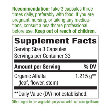 Nature'S Way Premium Formula Organic Alfalfa Young Harvest 1215 Mg Per Serving 100 Vcaps
