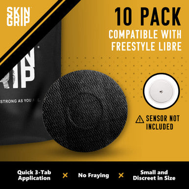 Skin Grip MAX Adhesive Patches for style Libre (10-Pack) Non-Fraying Extreme CGM Tape Continuous Glucose Monitor Protection(Black)