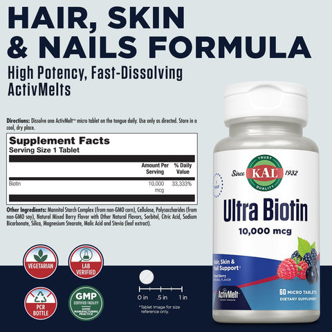 KAL Ultra Biotin 10000mcg Biotin Hair Supplement for Women and Men High Potency Vitamin B7 Healthy Hair Skin and Nails Cellular Energy Support Natural Berry Flavor 60 Micro Tablets