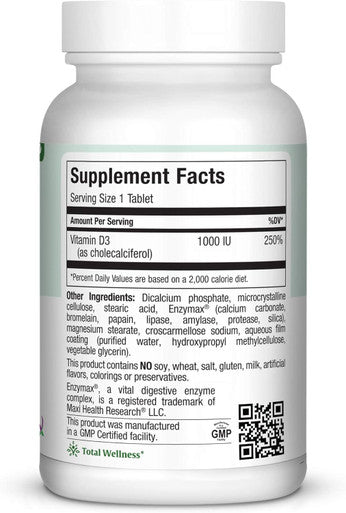 Maxi Health Vitamin D3 1000 IU - for Healthy Muscle Function Bone Health and Immune Support 360 Tablets Best Kosher Supplement for Adults