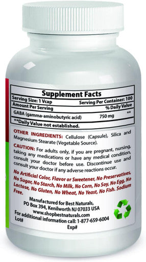 Best Naturals Gaba 750 mg 100 Veggie Caps