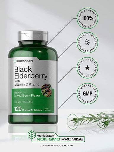 Elderberry, Zinc, Vitamin C Chewable Tablets | 120 Count | Immune Support Complex | Vegetarian, Non-GMO, and Gluten Free | by Horbaach