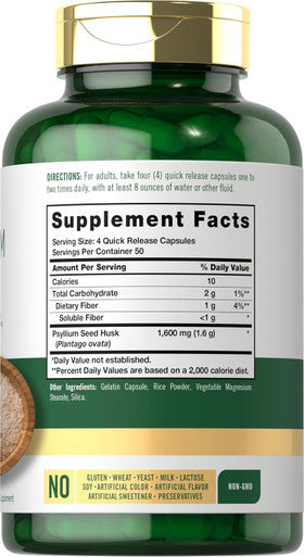 Carlyle Psyllium Husk Capsules 1600mg | 200 Count | High Potency Fiber Supplement | Non-GMO Gluten