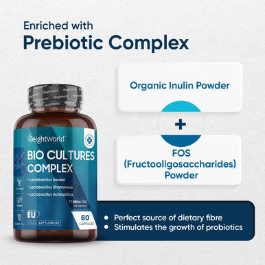 Weightworld Bio Cultures Complex Probiotics and Prebiotics - 77 Billion CFU - 20 Live Bacterial Cultures - 60 Probiotic Complex Capsules for Women & Men - Lactobacillus Acidophilus Gasseri Rhamnosus & Reuteri
