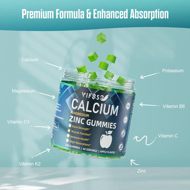 Calcium Magnesium Zinc Gummies 600Mg With Vitamin D3 K2, 120 Gummies Plant Based Sugar-Calcium Gummies High Absorption Complex Calcium Supplement 70+ Trace Minerals For Bone Strength, Vegan