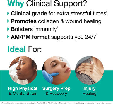 Vitamedica Clinical Support Formula Promotes Collagen & Wound Healing Vitamin C, D, & A To Support Healthy Immune Function Zinc + Selenium Vitamin B Multivitamin For Women & Men