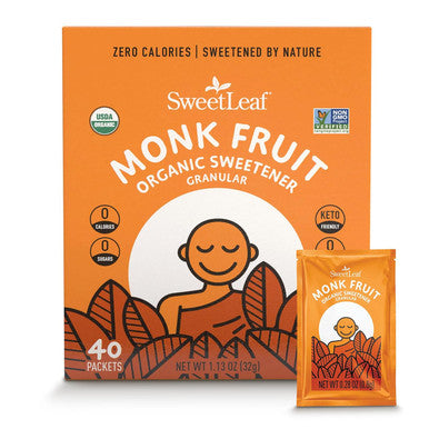 Sweetleaf Organic Monk Fruit Sweetener Granular Zero-Calorie Natural Sugar Substitute for Coffee Tea and Baking Organic Monk Fruit Non GMO Keto Friendly 0 Sugars - 40 Packets