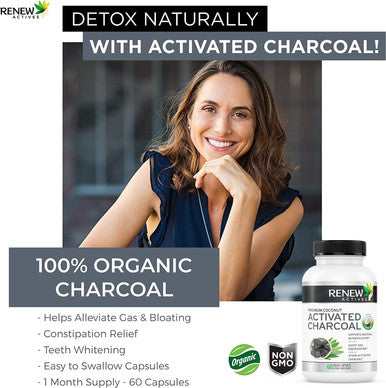 Renew Actives Activated Charcoal Supplement - Digestive Support & Teeth Whitening Formula, No Artificial Ingredients - 60 Capsules