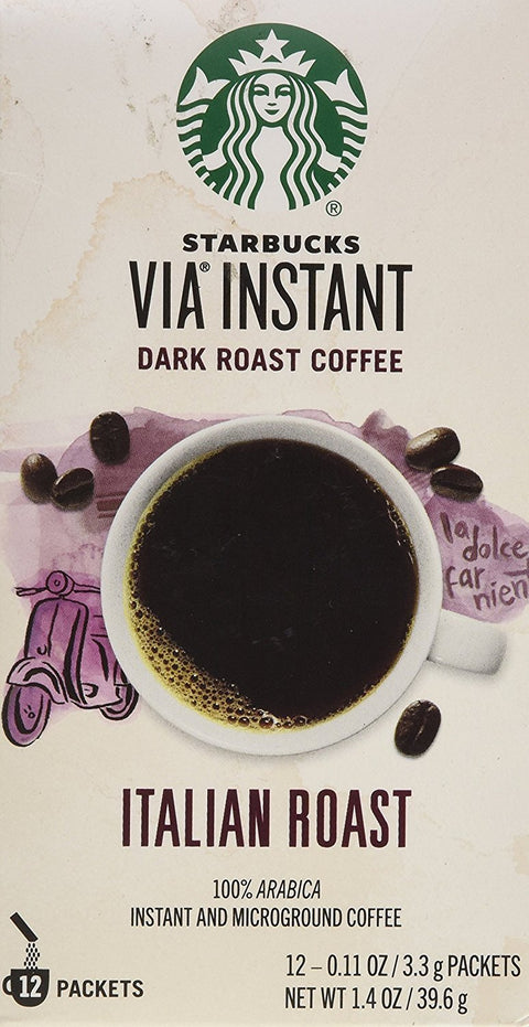 Starbucks VIA Instant Coffee, Dark Roast Coffee, Italian Roast, 100% Arabica, Single-Serve, 1 Box (50 Packets) | 100% Arabica instant coffee packets; Italian Roast dark roast; 1 box, 50 packets