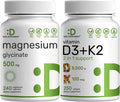 Deal Supplement Magnesium Glycinate 500mg Veggie Capsules & Vitamin D3 5000iu + K2 100mcg Softgels Bundle - Easily Absorbed Chelated Mineral - D & K Essential Sunshine Vitamins