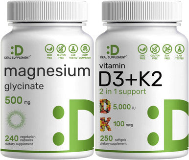 Deal Supplement Magnesium Glycinate 500mg Veggie Capsules & Vitamin D3 5000iu + K2 100mcg Softgels Bundle - Easily Absorbed Chelated Mineral - D & K Essential Sunshine Vitamins