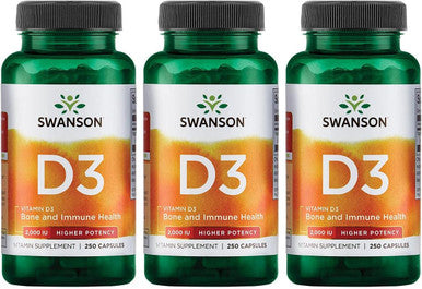 Swanson Higher Potency Vitamin D-3 2000 Iu - "Sunshine Vitamin" Bone Immune Support (50 mcg) 250 Capsules (3 Pack)