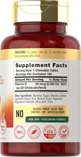Carlyle Chewable Vitamin D3 2000 IU (50mcg) Tablets | 180 Count | Berry Flavor | Vegetarian Non-GMO and Gluten