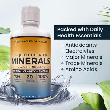 Liquid Chelated Minerals - 72+ Major & Minor Trace Minerals, 20 Essential Amino Acids - Natural Plant-Based Minerals - 100% Organic Humic Fulvic Minerals - 1 Month Supply, 32 Fl. Oz