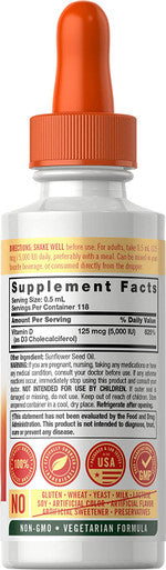 Carlyle Liquid Vitamin D3 5000 IU (125 mcg) 2 oz Vegetarian, Non-GMO, and Gluten Free Supplement Vitamin D Liquid Drops for Adults