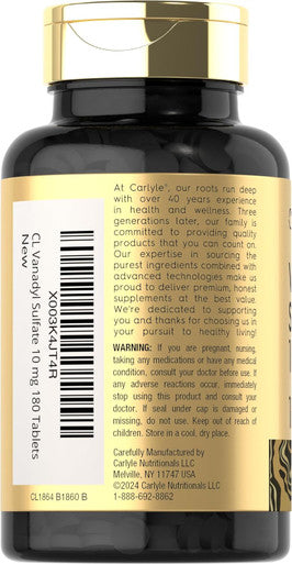 Carlyle Vanadyl Sulfate 10mg | 180 Tablet Capsules | with Chromium Picolinate | Vegetarian Non-GMO Gluten Supplement