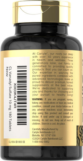Vanadyl Sulfate 10Mg 180 Tablet Capsules With Chromium Picolinate Vegetarian Non-Gmo Gluten Free Supplement By Carlyle