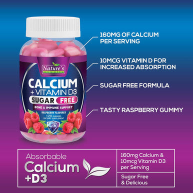 Nature'S Nutrition Sugar Calcium Gummy Bites Plus 400 IU Vitamin D3 Bone Health & Immune Support Supports Bone Strength - Chewable Calcium Nutrition Supplement Non-GMO Berry Flavor Chews - 120 Gummies