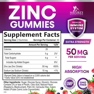 Zinc Gummies 50Mg - High Absorption Bone Skin & Immune Health Support Gummy & Antioxidant Chewable Supplement For Adults - Non-Gmo, Vegan & Gluten Zinc Vitamin, Mixed Berry Flavor - 120 Gummies