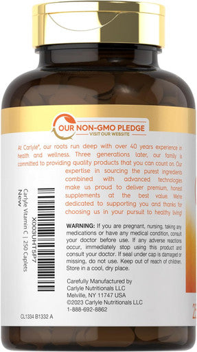 Carlyle Vitamin C 1000mg with Bioflavonoids | 250 Caplets | with Rose HIPS | Vegetarian Non-GMO Gluten